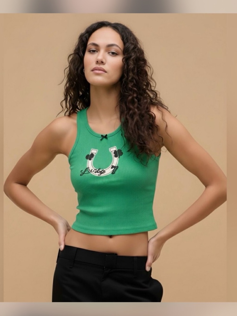 Daydreamer Green Ribbed Graphic Tank Top
